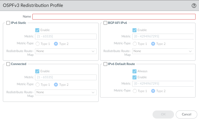 OSPFv3 Redistribution Profile configuration window.